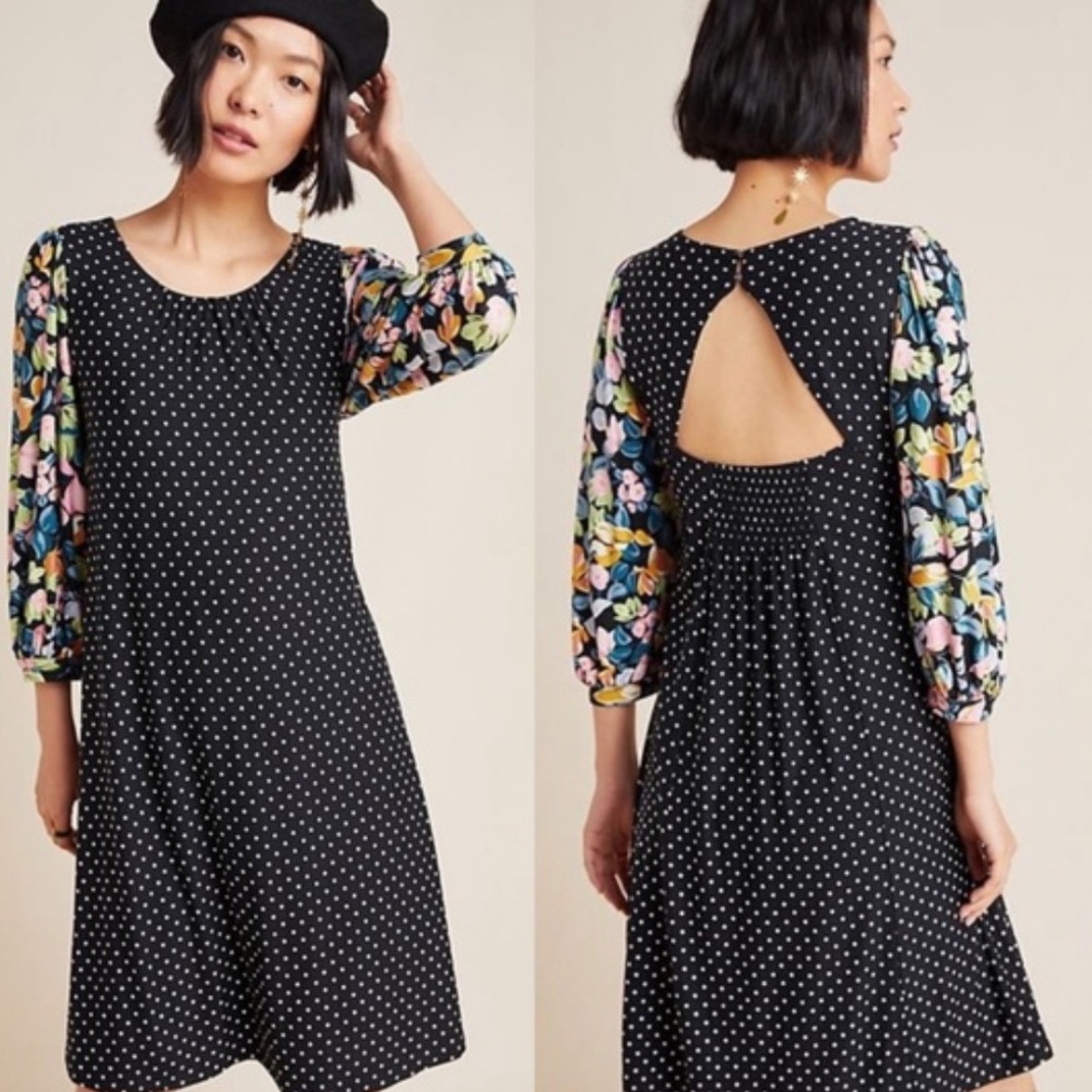Maeve x Anthropologie 3/4 sleeves with floral print and polka dot dress.